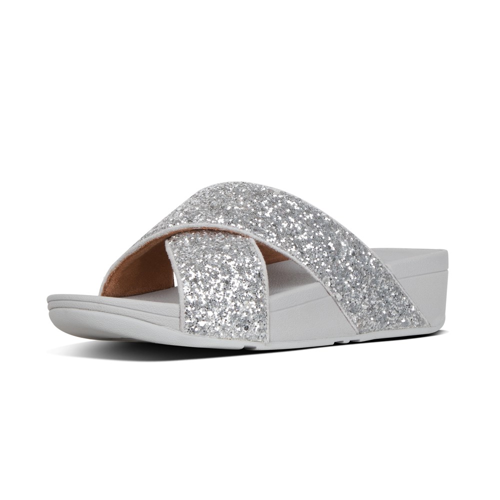 Fitflop Womens Slides Silver - Lulu Glitter Cross - QL0861572